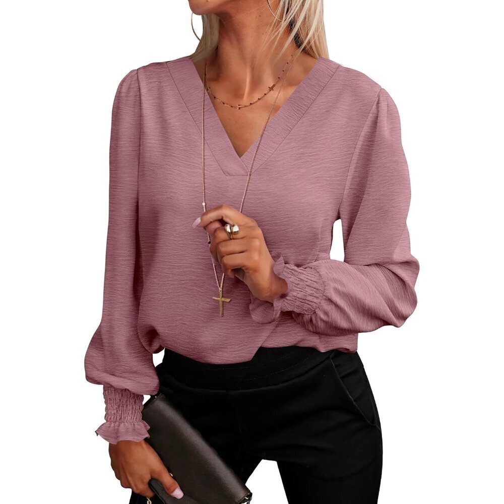 Women's V Neck Puff Long Sleeve Blouse Polyester Office Casual Top
